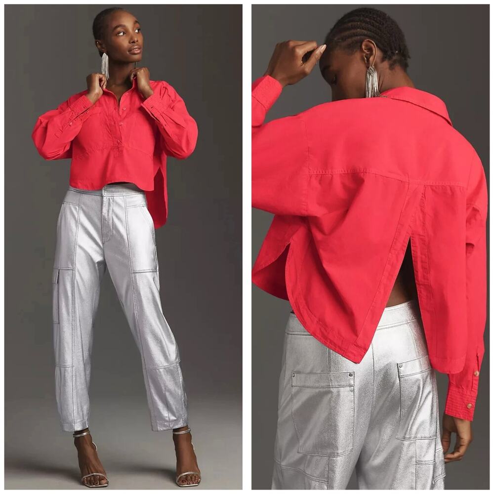 Anthropologie Pilcro Placket Back-Slit Cotton Shirt Top Size Large Oversize Chic